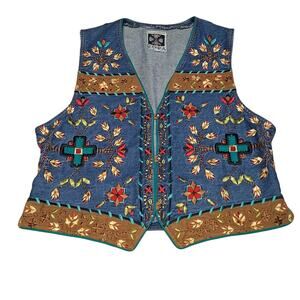 Vintage Hairston Roberson ROPA Denim Vest Women's Size Large Floral Embroidery